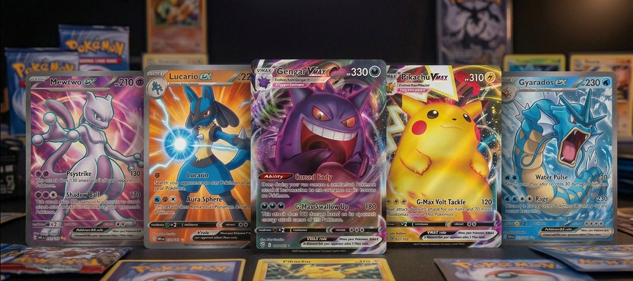 Banner de categoría Pokémon TCG en Retroshop con cartas coleccionables, booster packs y sobres oficiales.